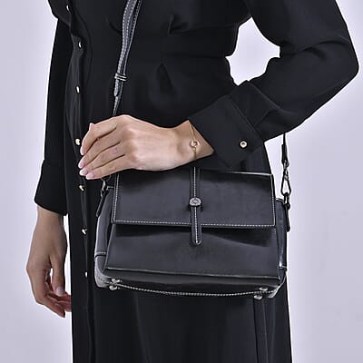 Closeout Deal Black Genuine Leather Flap Over Crossbody Bag with 2 Shoulder Strap