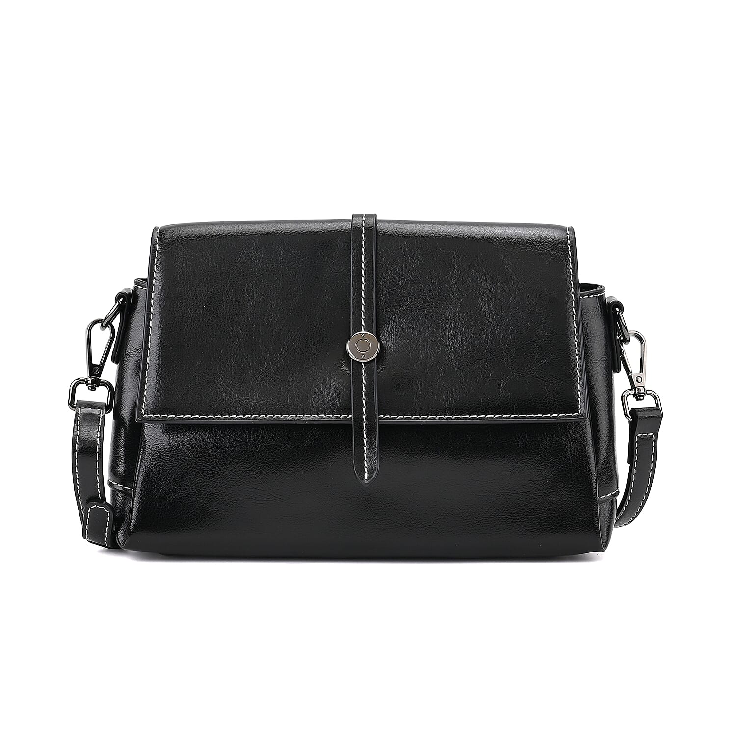 Closeout Deal Black Genuine Leather Flap Over Crossbody Bag with 2 Shoulder Strap