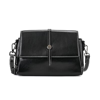 Closeout Deal Black Genuine Leather Flap Over Crossbody Bag with 2 Shoulder Strap