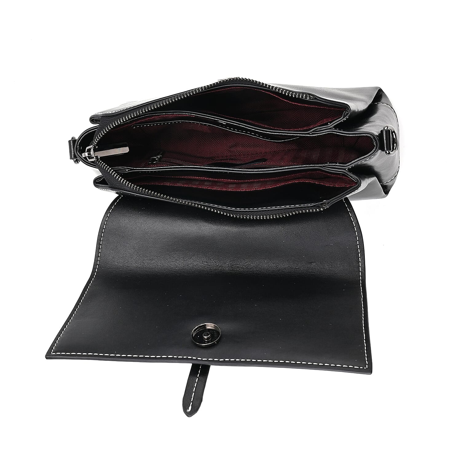 Closeout Deal Black Genuine Leather Flap Over Crossbody Bag with 2 Shoulder Strap