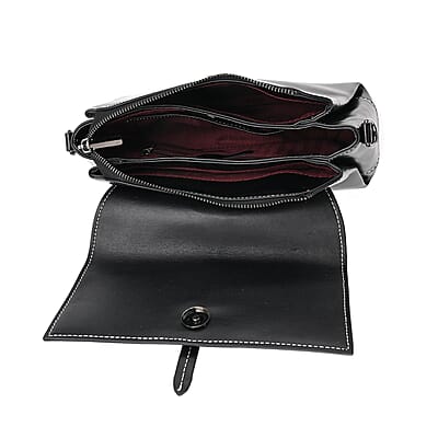 Closeout Deal Black Genuine Leather Flap Over Crossbody Bag with 2 Shoulder Strap