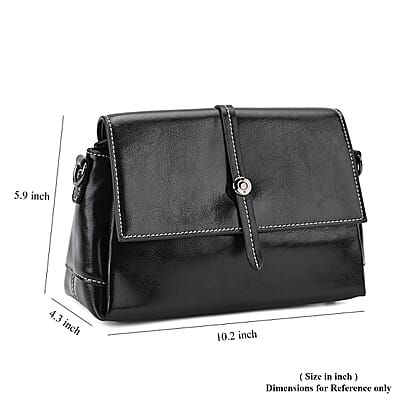 Closeout Deal Black Genuine Leather Flap Over Crossbody Bag with 2 Shoulder Strap