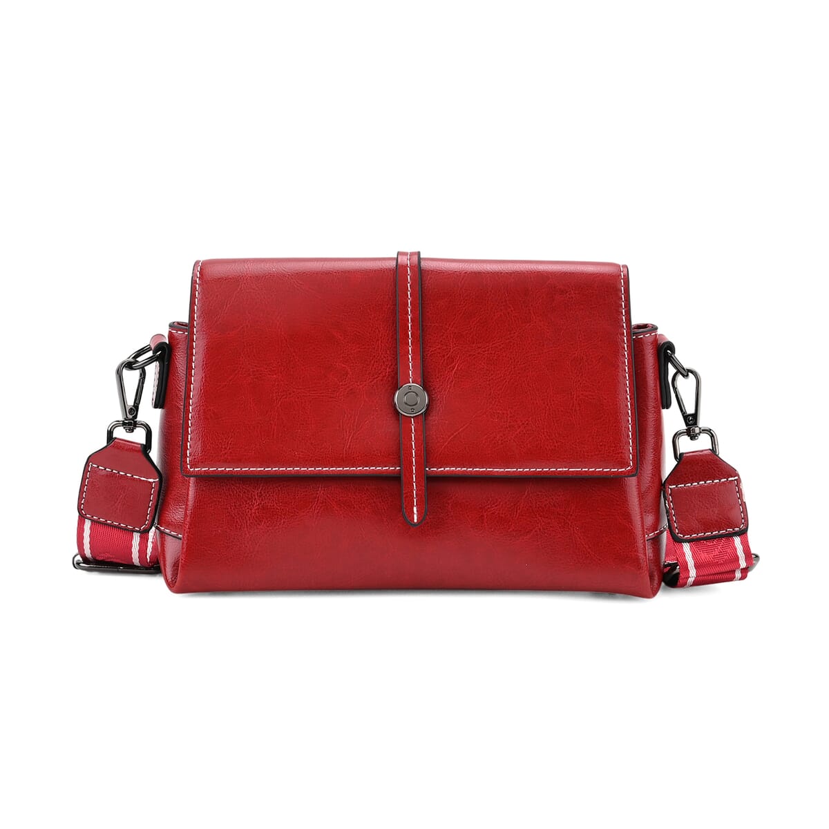 Closeout Deal Burgundy Genuine Leather Flap Over Crossbody Bag with 2 Shoulder Strap image number 0