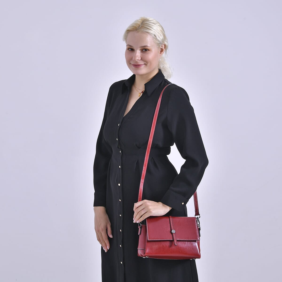 Closeout Deal Burgundy Genuine Leather Flap Over Crossbody Bag with 2 Shoulder Strap image number 1