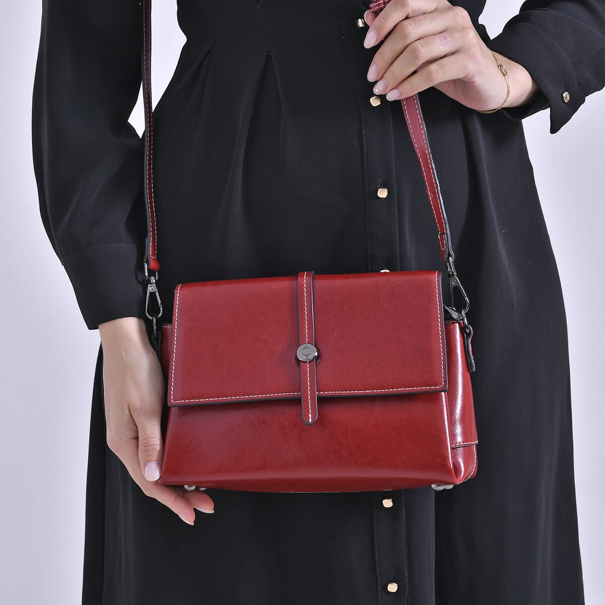Closeout Deal Burgundy Genuine Leather Flap Over Crossbody Bag with 2 Shoulder Strap image number 2