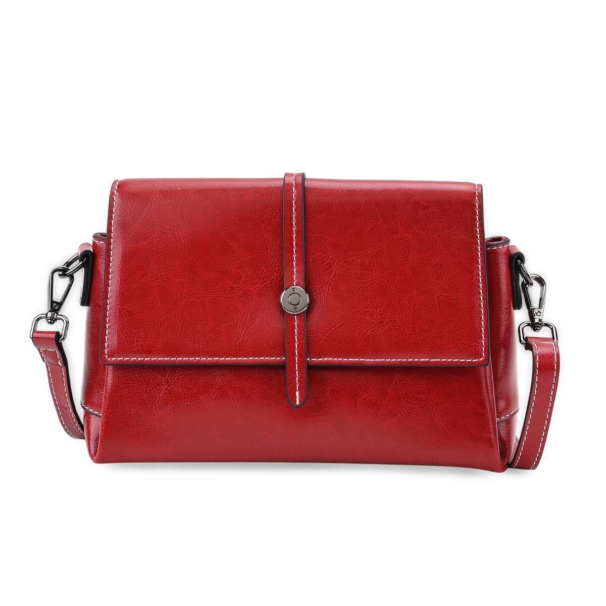Closeout Deal Burgundy Genuine Leather Flap Over Crossbody Bag with 2 Shoulder Strap image number 4