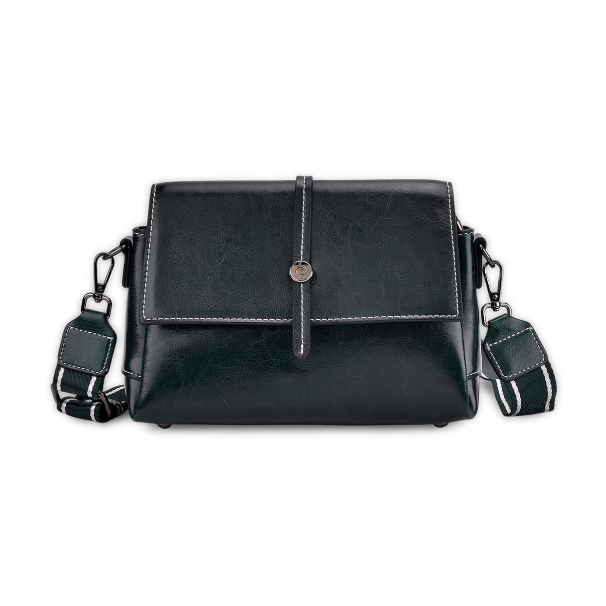 Closeout Deal Dark Green Genuine Leather Flap Over Crossbody Bag with 2 Shoulder Strap image number 0