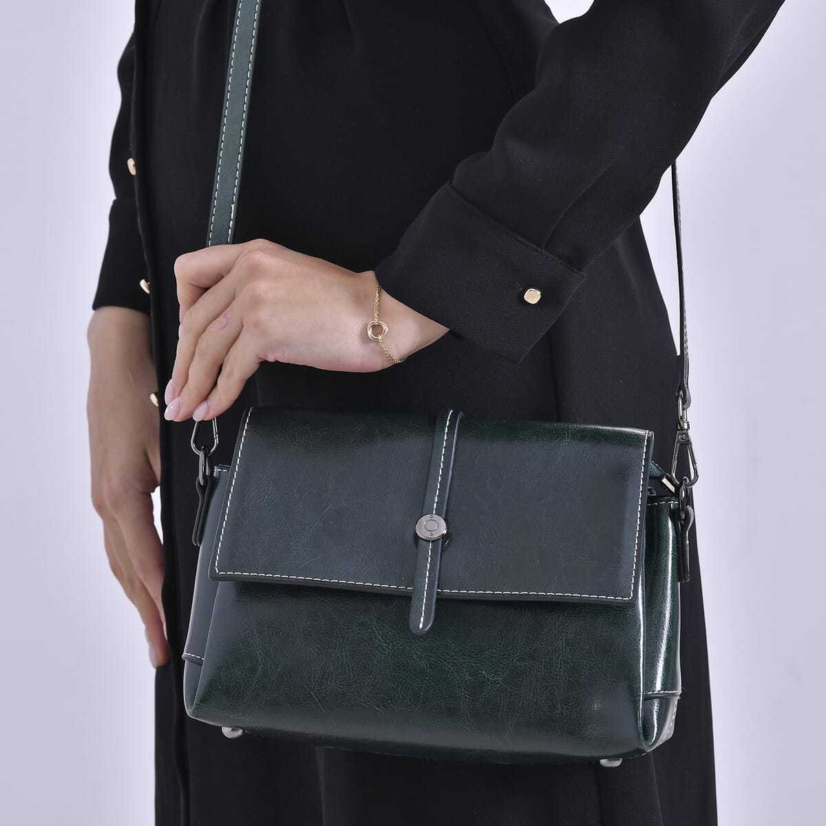 Closeout Deal Dark Green Genuine Leather Flap Over Crossbody Bag with 2 Shoulder Strap image number 2