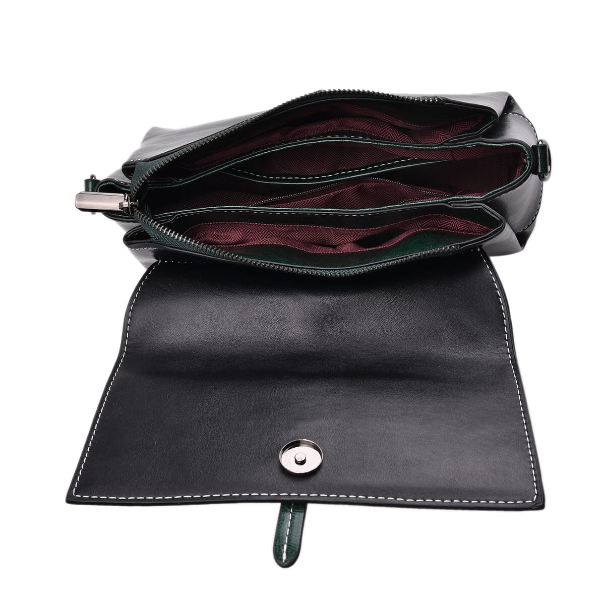 Closeout Deal Dark Green Genuine Leather Flap Over Crossbody Bag with 2 Shoulder Strap image number 5