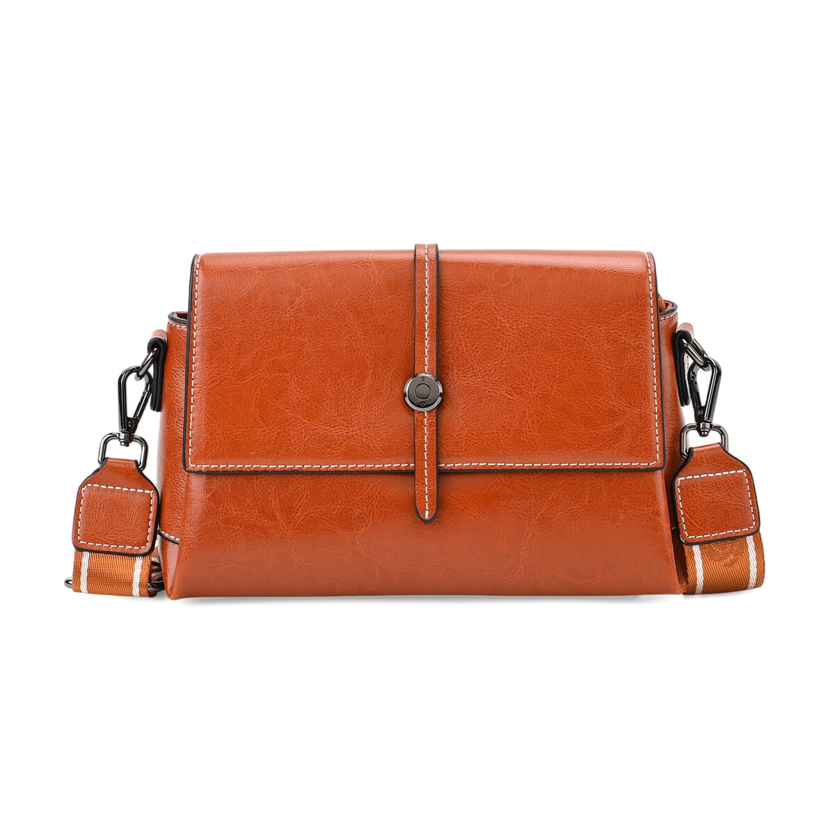 Closeout Deal Tan Genuine Leather Flap Over Crossbody Bag with 2 Shoulder Strap image number 0