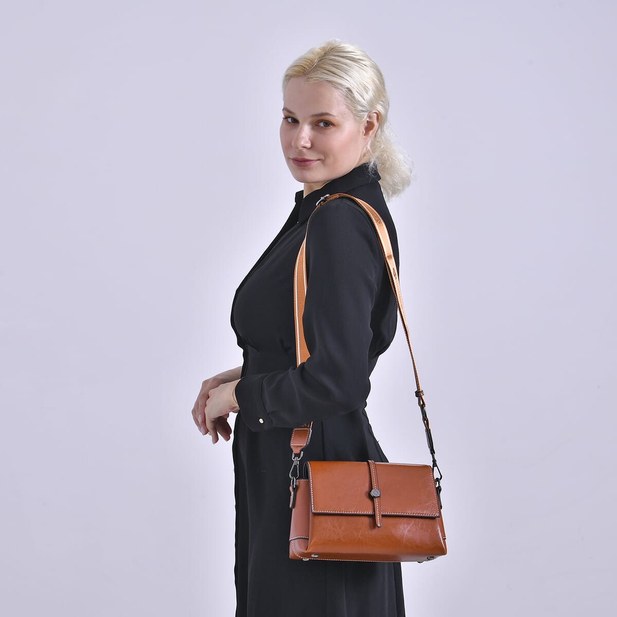 Closeout Deal Tan Genuine Leather Flap Over Crossbody Bag with 2 Shoulder Strap image number 1