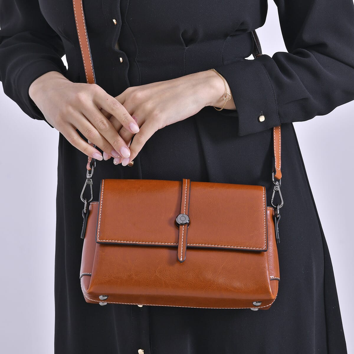 Closeout Deal Tan Genuine Leather Flap Over Crossbody Bag with 2 Shoulder Strap image number 2
