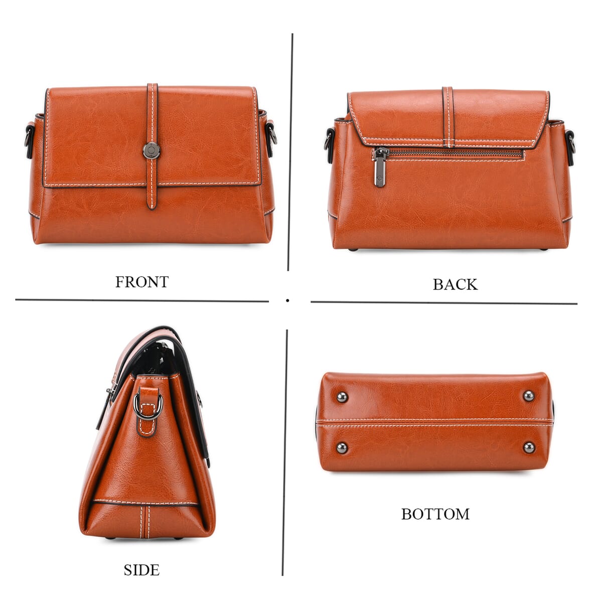 Closeout Deal Tan Genuine Leather Flap Over Crossbody Bag with 2 Shoulder Strap image number 3