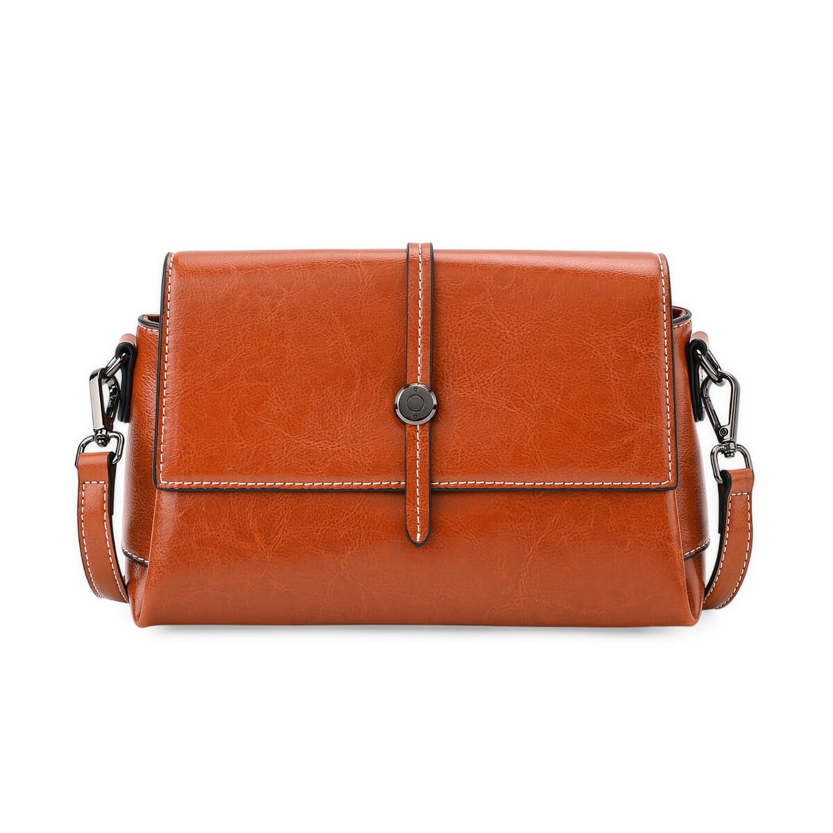 Closeout Deal Tan Genuine Leather Flap Over Crossbody Bag with 2 Shoulder Strap image number 4