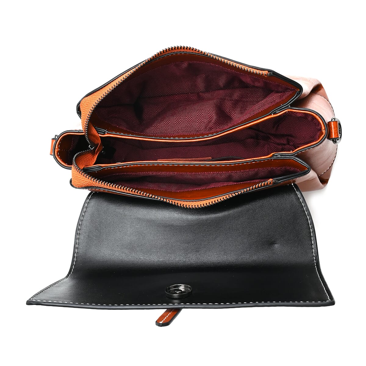 Closeout Deal Tan Genuine Leather Flap Over Crossbody Bag with 2 Shoulder Strap image number 5