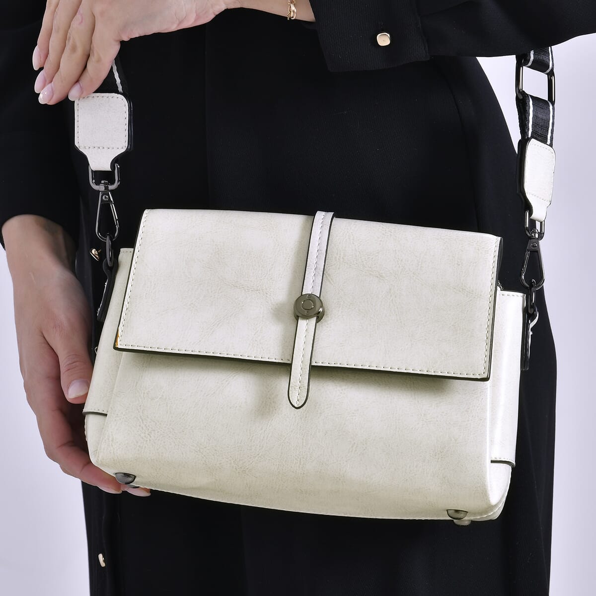 Closeout Deal White Genuine Leather Flap Over Crossbody Bag with 2 Shoulder Strap image number 2