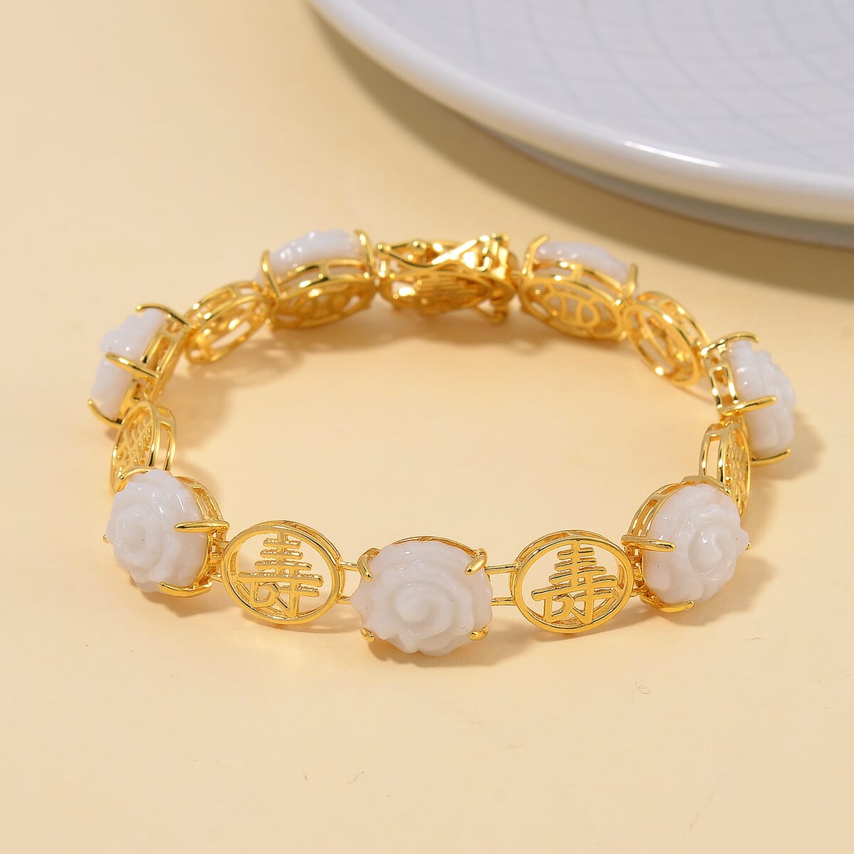 Natural Jade Carved 29.85 ctw Floral Bracelet in 18K Vermeil Yellow Gold Over Sterling Silver (6.50 In) image number 1