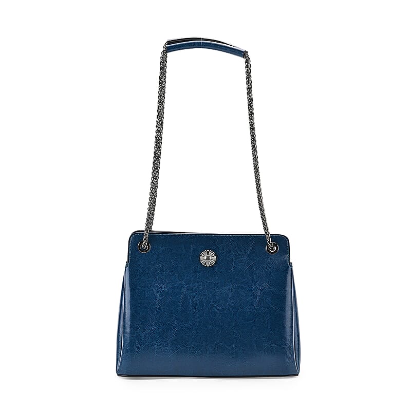 Closeout Deal Blue Genuine Leather Crossbody Bag with Chain Shoulder Strap