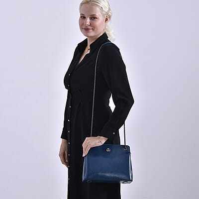 Closeout Deal Blue Genuine Leather Crossbody Bag with Chain Shoulder Strap