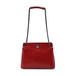 Closeout Deal Burgundy Genuine Leather Crossbody Bag with Chain Shoulder Strap