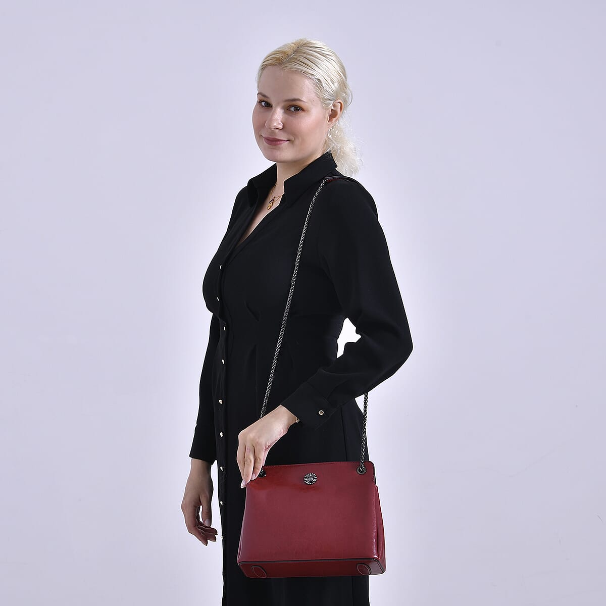 Closeout Deal Burgundy Genuine Leather Crossbody Bag with Chain Shoulder Strap image number 1