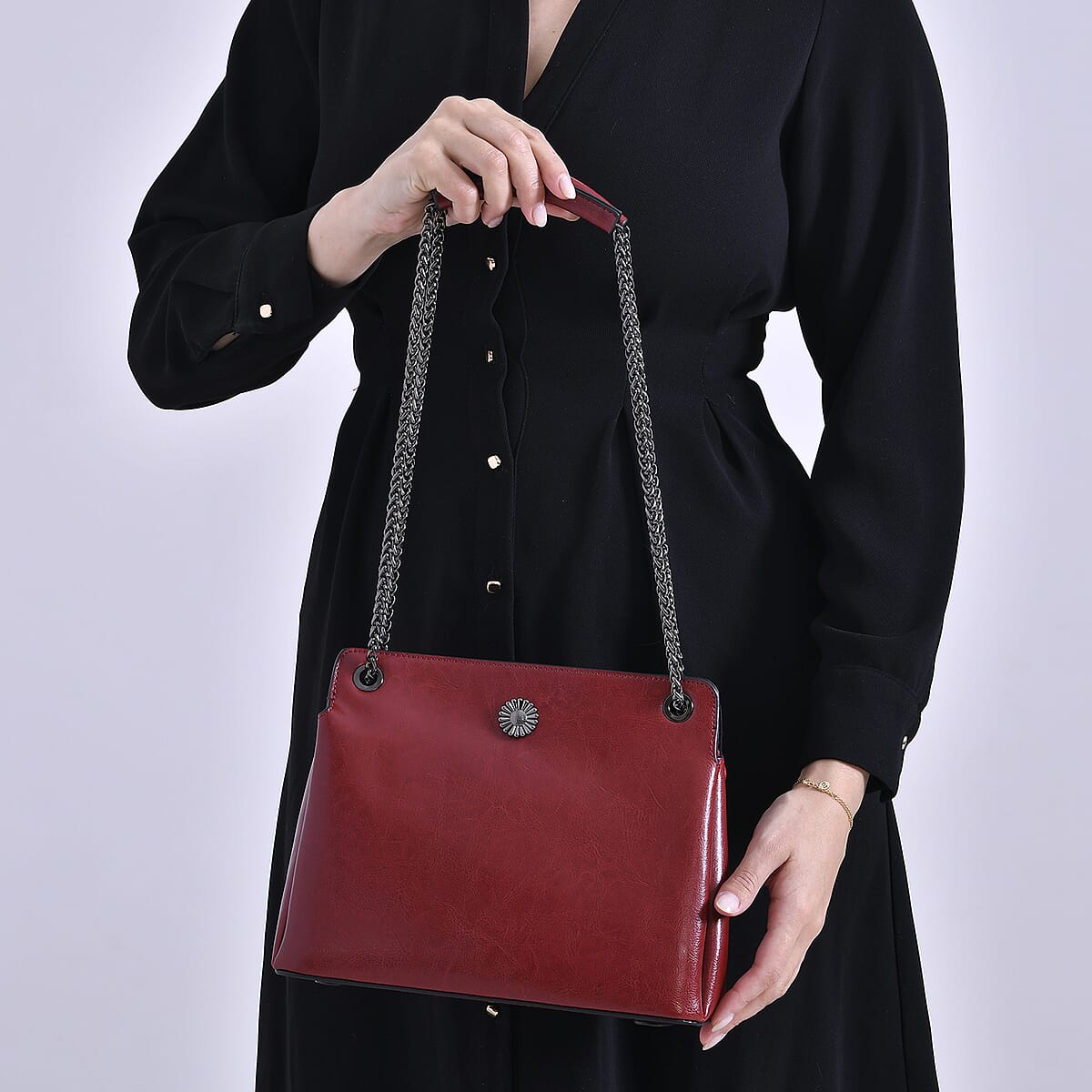 Closeout Deal Burgundy Genuine Leather Crossbody Bag with Chain Shoulder Strap image number 2