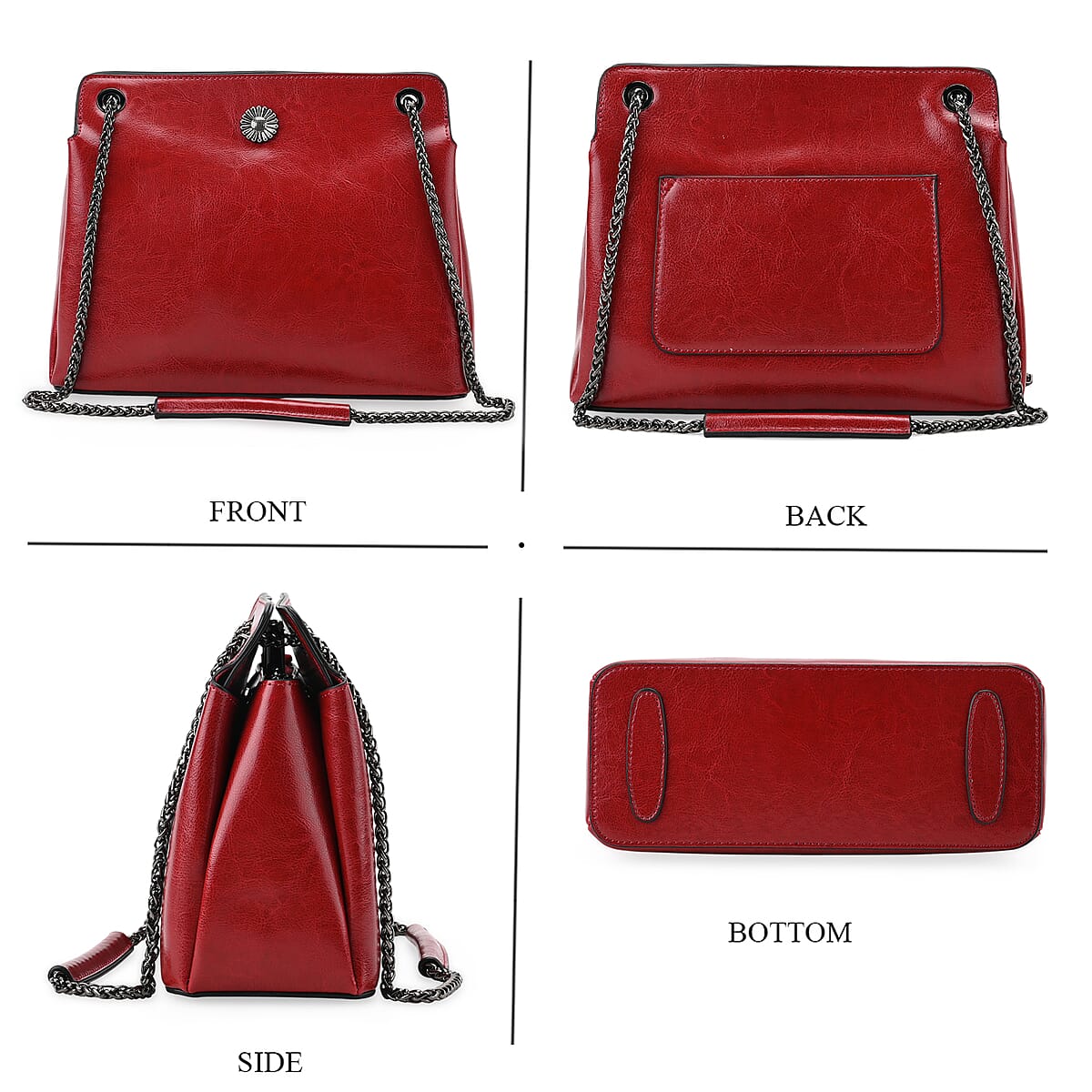 Closeout Deal Burgundy Genuine Leather Crossbody Bag with Chain Shoulder Strap image number 3