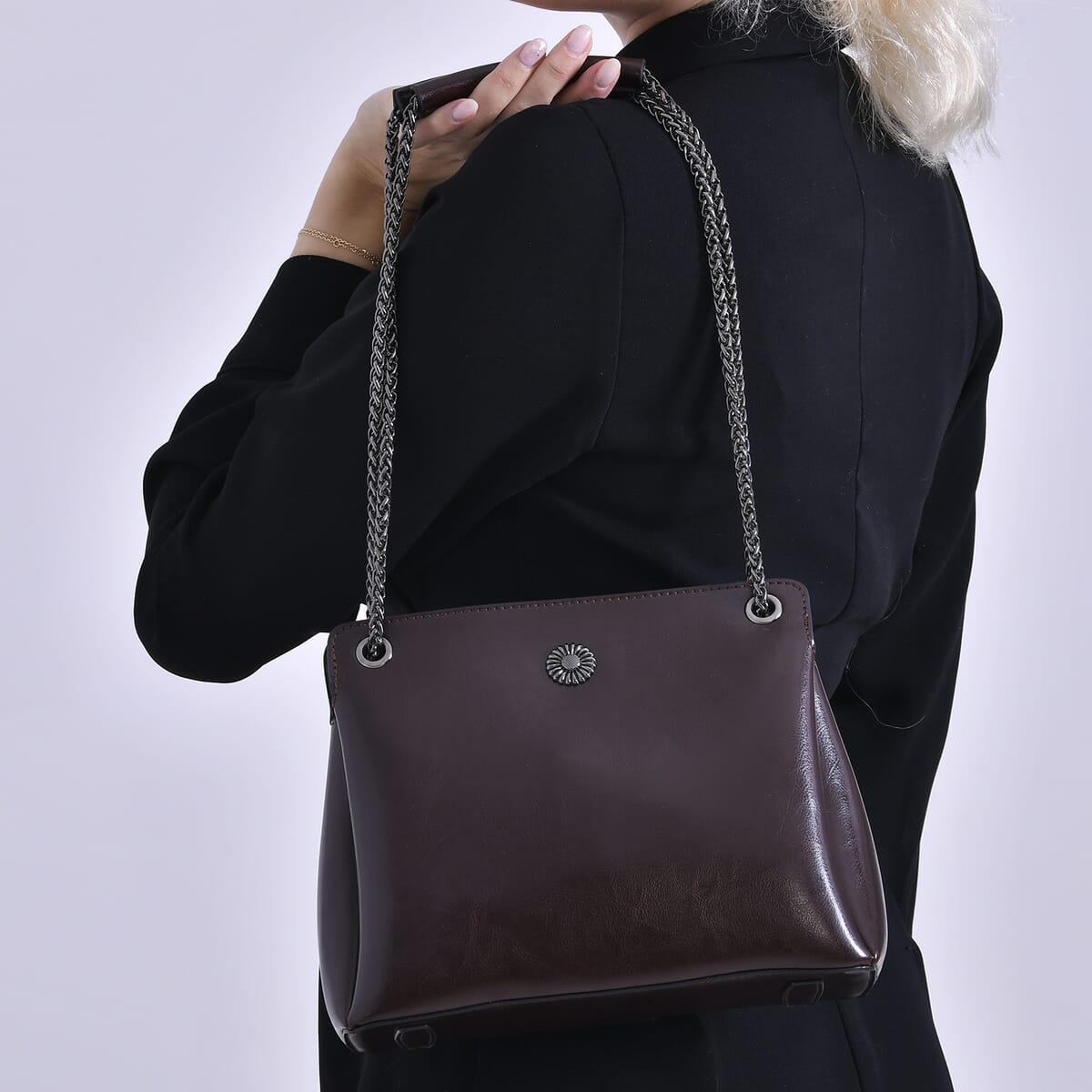 Closeout Deal Coffee Genuine Leather Crossbody Bag with Chain Shoulder Strap image number 2