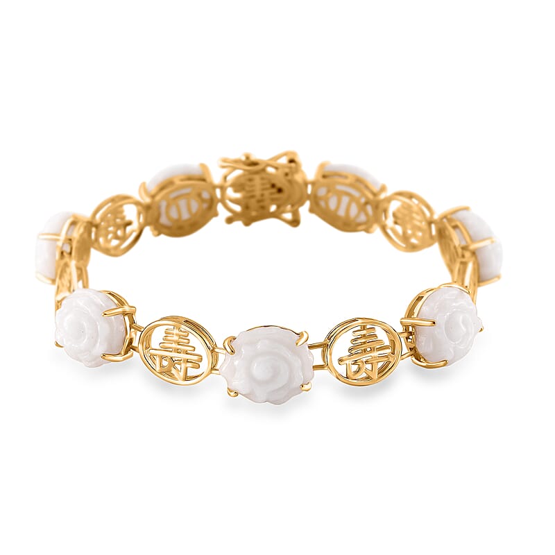 Natural Jade Carved 34.65 ctw Floral Bracelet in 18K Vermeil Yellow Gold Over Sterling Silver (7.50 In)