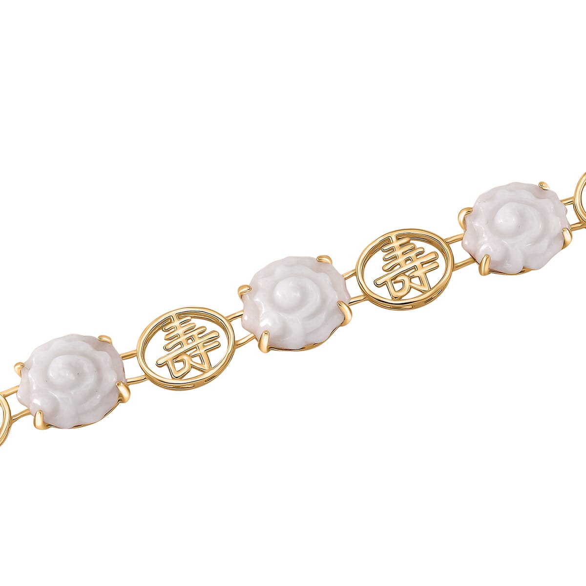 Natural Jade Carved 34.65 ctw Floral Bracelet in 18K Vermeil Yellow Gold Over Sterling Silver (7.50 In) image number 2