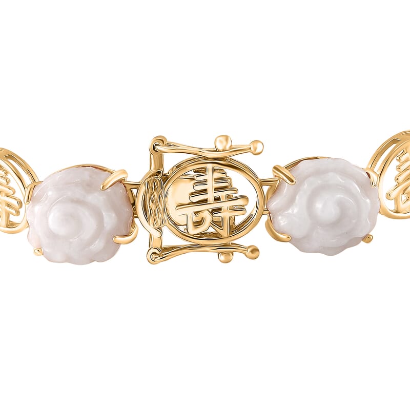 Natural Jade Carved 34.65 ctw Floral Bracelet in 18K Vermeil Yellow Gold Over Sterling Silver (7.50 In)