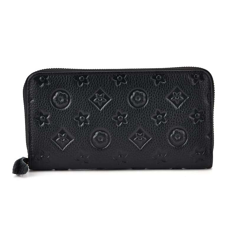 Black Flower Embossed Genuine Leather Wallet