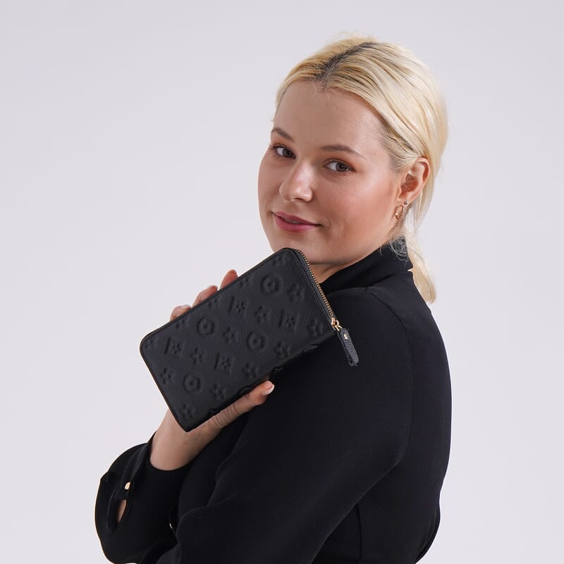 Black Flower Embossed Genuine Leather Wallet