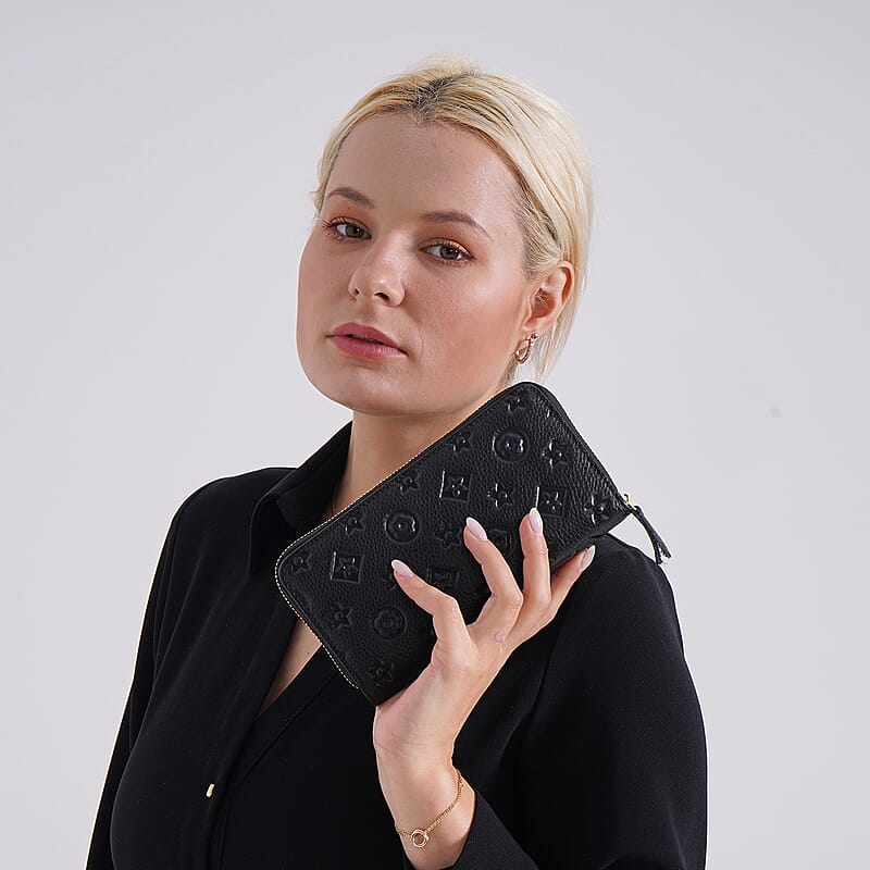 Black Flower Embossed Genuine Leather Wallet