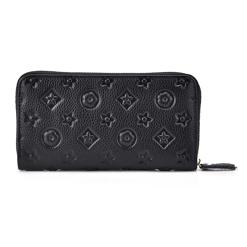Black Flower Embossed Genuine Leather Wallet