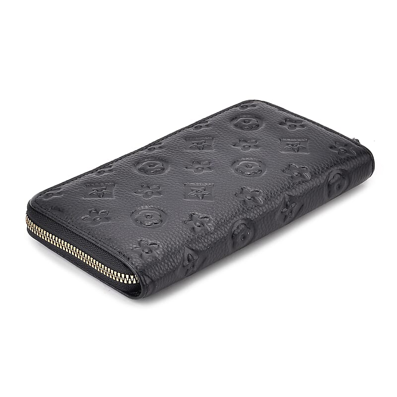 Black Flower Embossed Genuine Leather Wallet