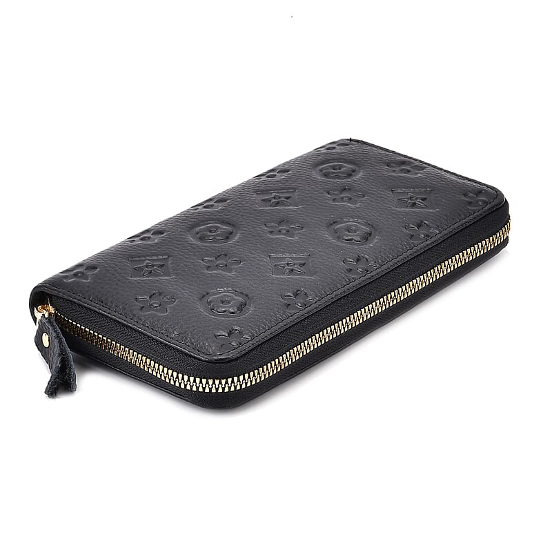 Black Flower Embossed Genuine Leather Wallet