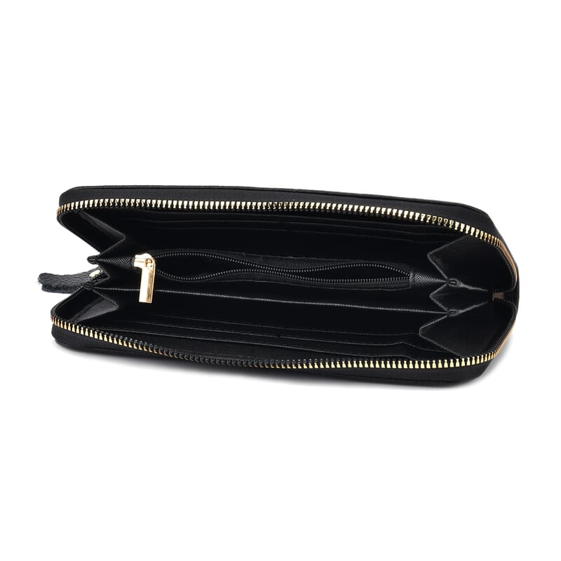 Black Flower Embossed Genuine Leather Wallet