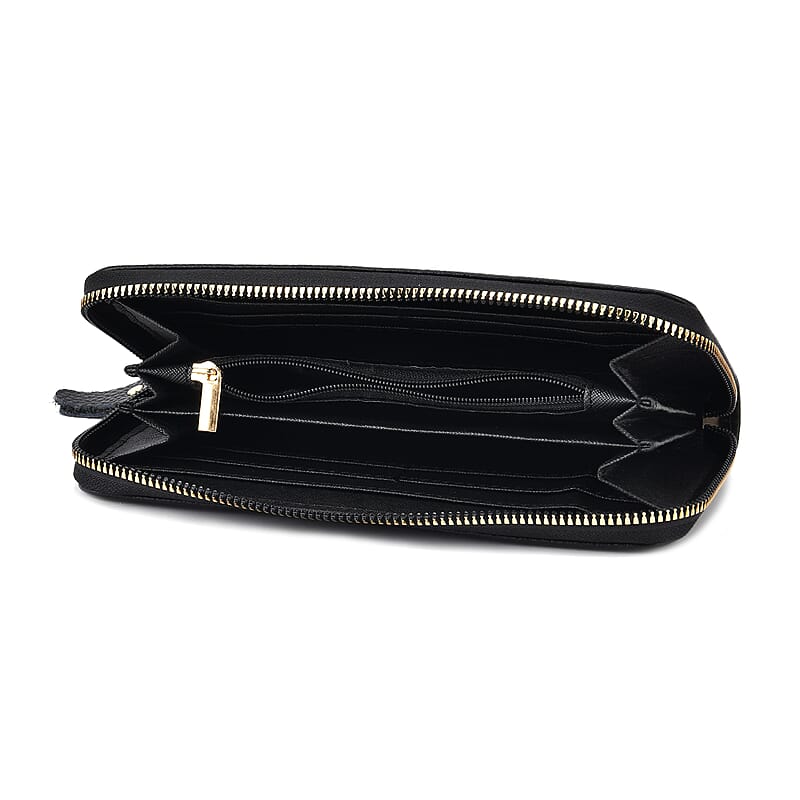 Black Flower Embossed Genuine Leather Wallet