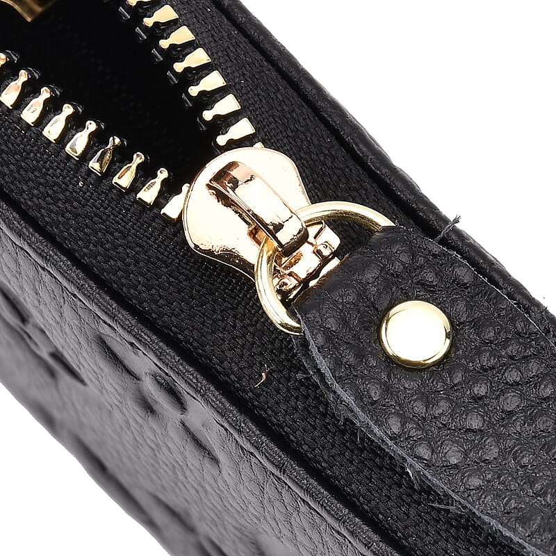 Black Flower Embossed Genuine Leather Wallet