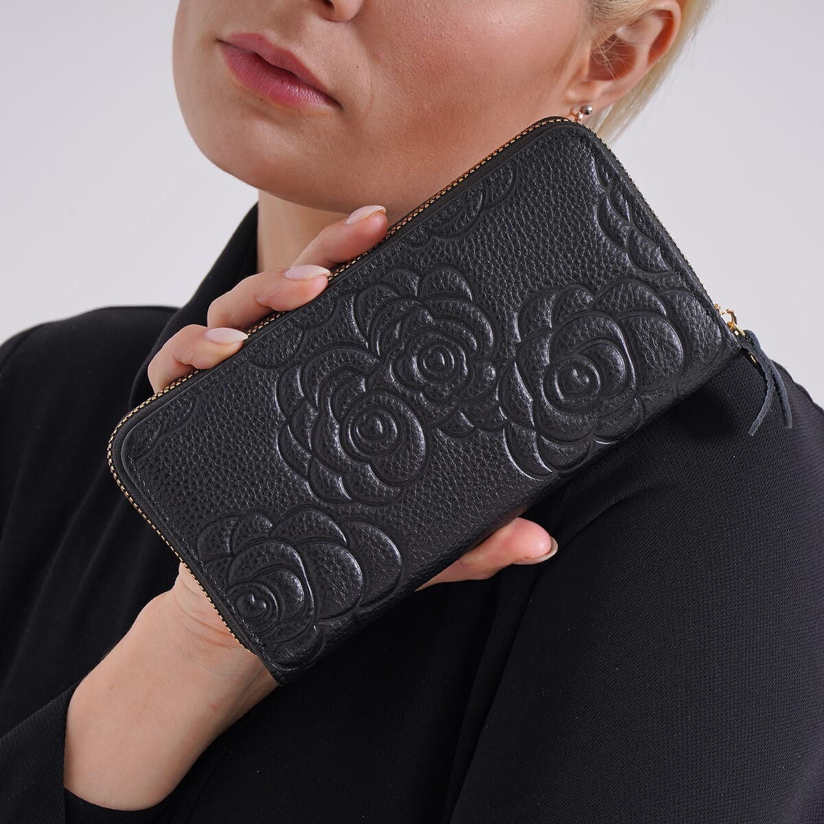 Black Rose Embossed Genuine Leather Wallet image number 2