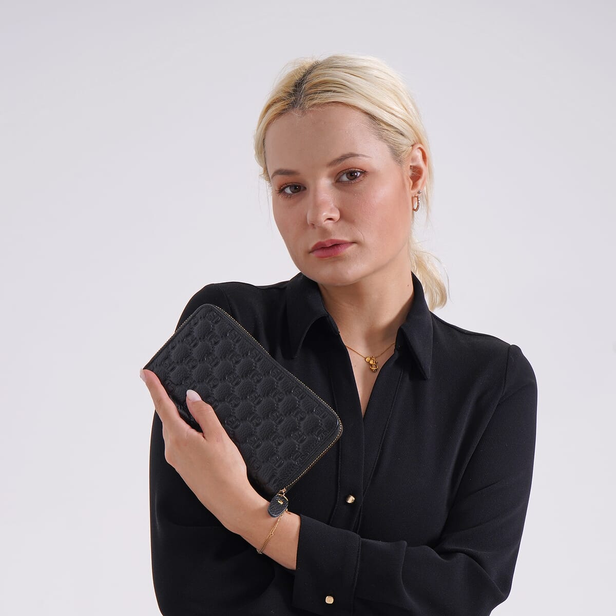 Black GD Letter Embossed Genuine Leather Wallet image number 1