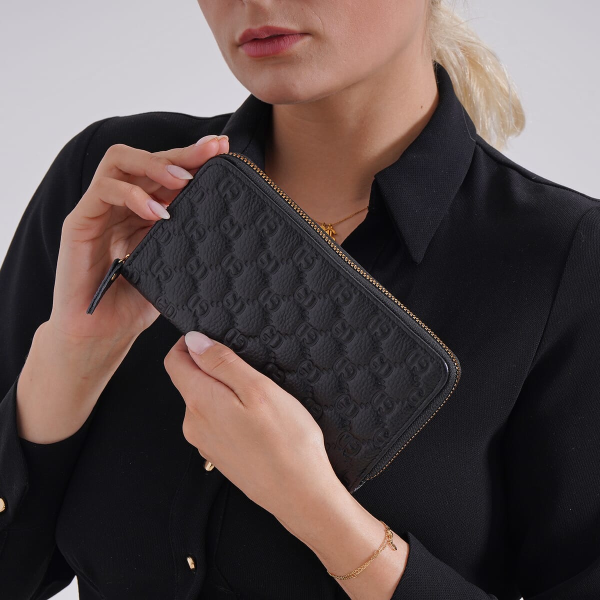 Black GD Letter Embossed Genuine Leather Wallet image number 2