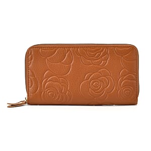Tan Rose Embossed Genuine Leather Wallet 