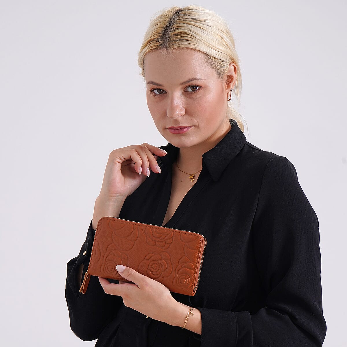 Tan Rose Embossed Genuine Leather Wallet  image number 1
