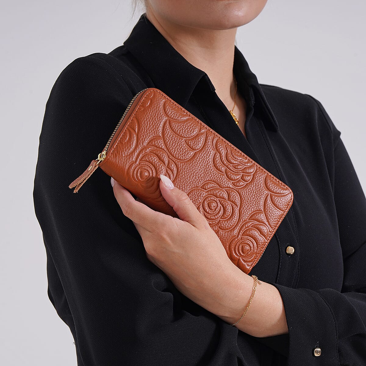 Tan Rose Embossed Genuine Leather Wallet  image number 2