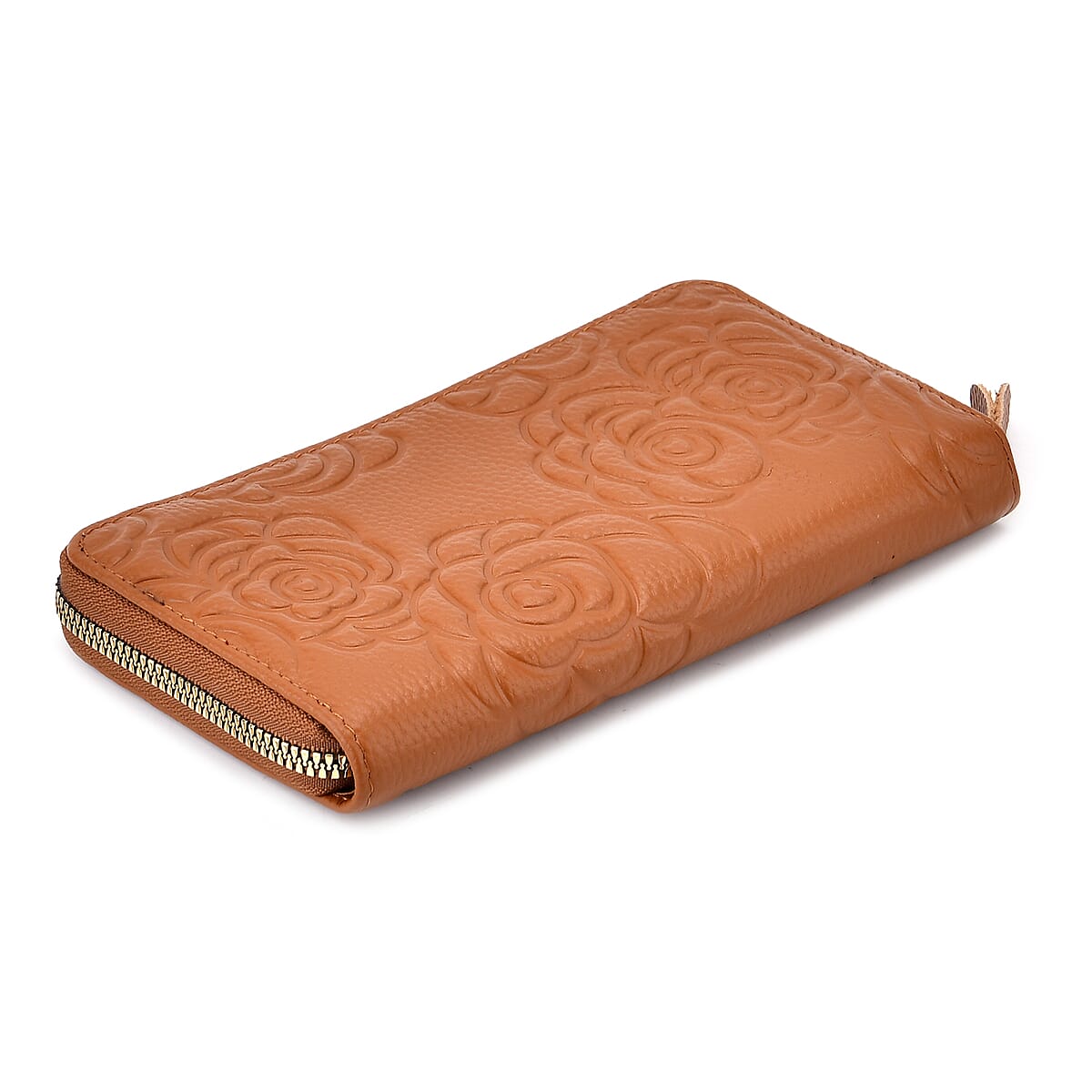 Tan Rose Embossed Genuine Leather Wallet  image number 4