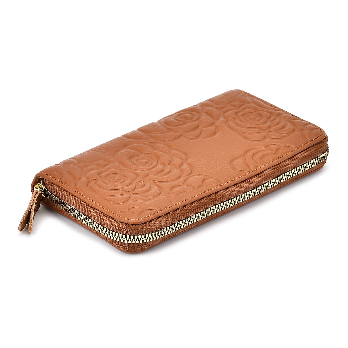 Tan Rose Embossed Genuine Leather Wallet  image number 5