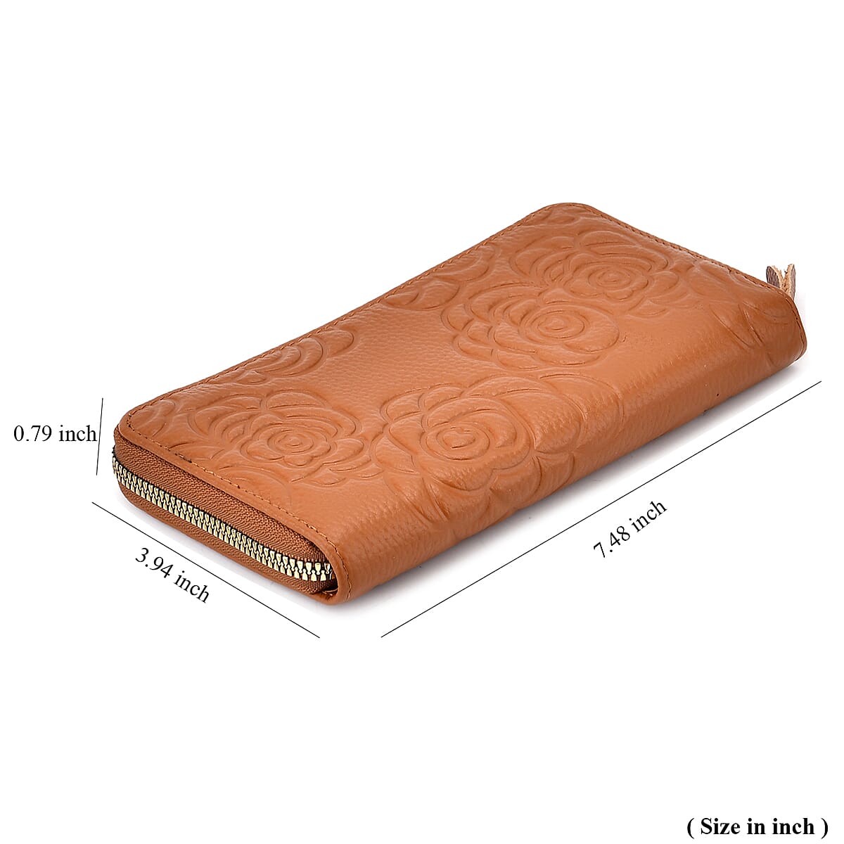 Tan Rose Embossed Genuine Leather Wallet  image number 8