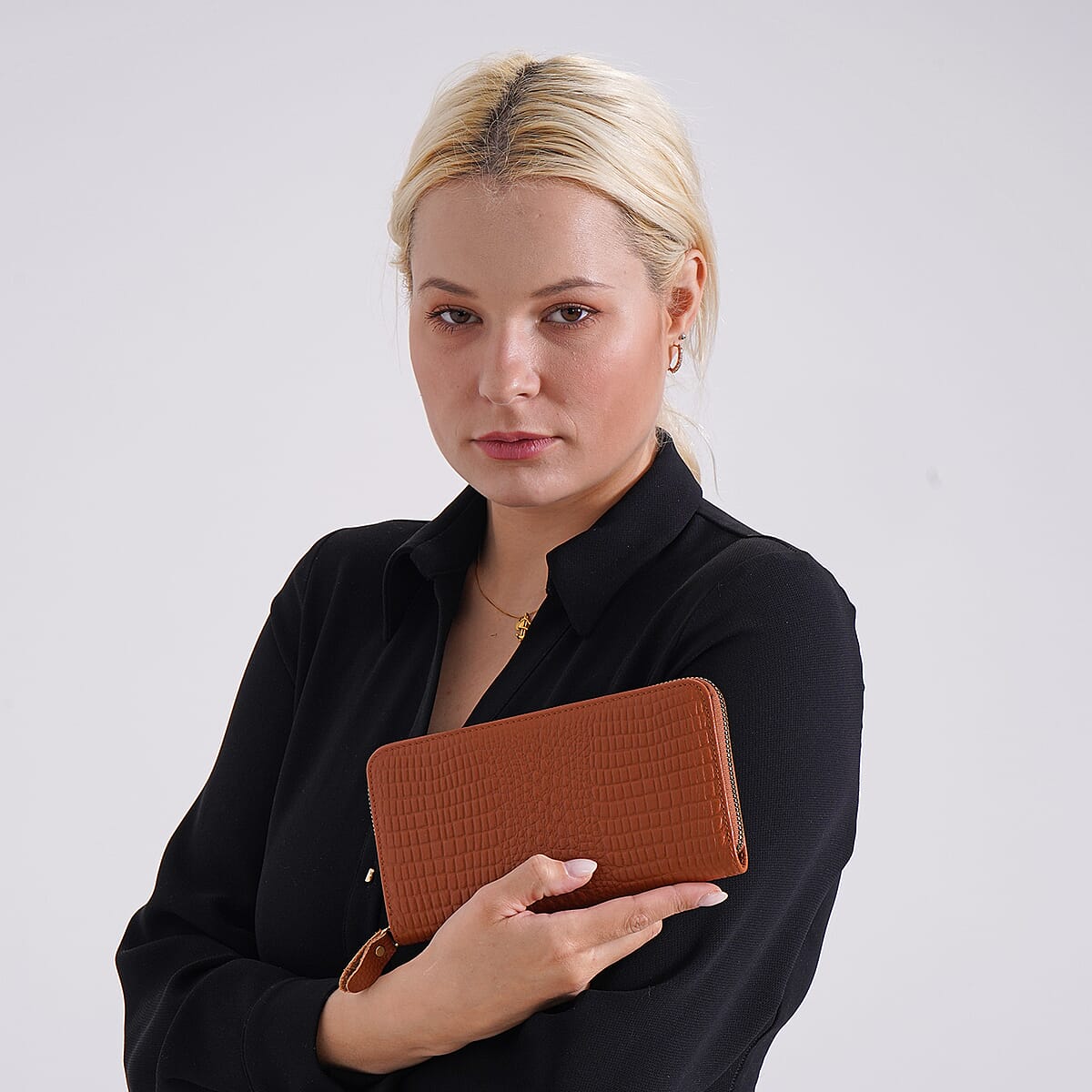 Tan Crocodile Embossed Genuine Leather Wallet image number 1